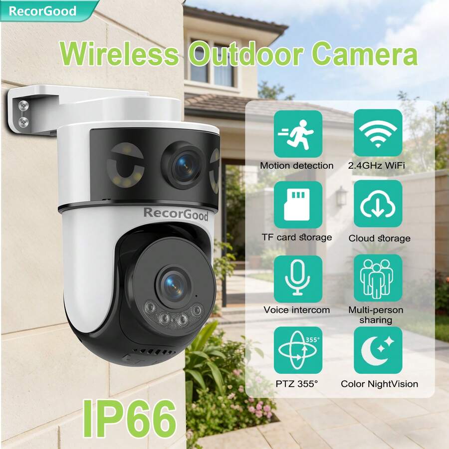 Home Security No Monthly Fee - RecorGood Dual-Lens Dual-View Wireless Security Camera,
